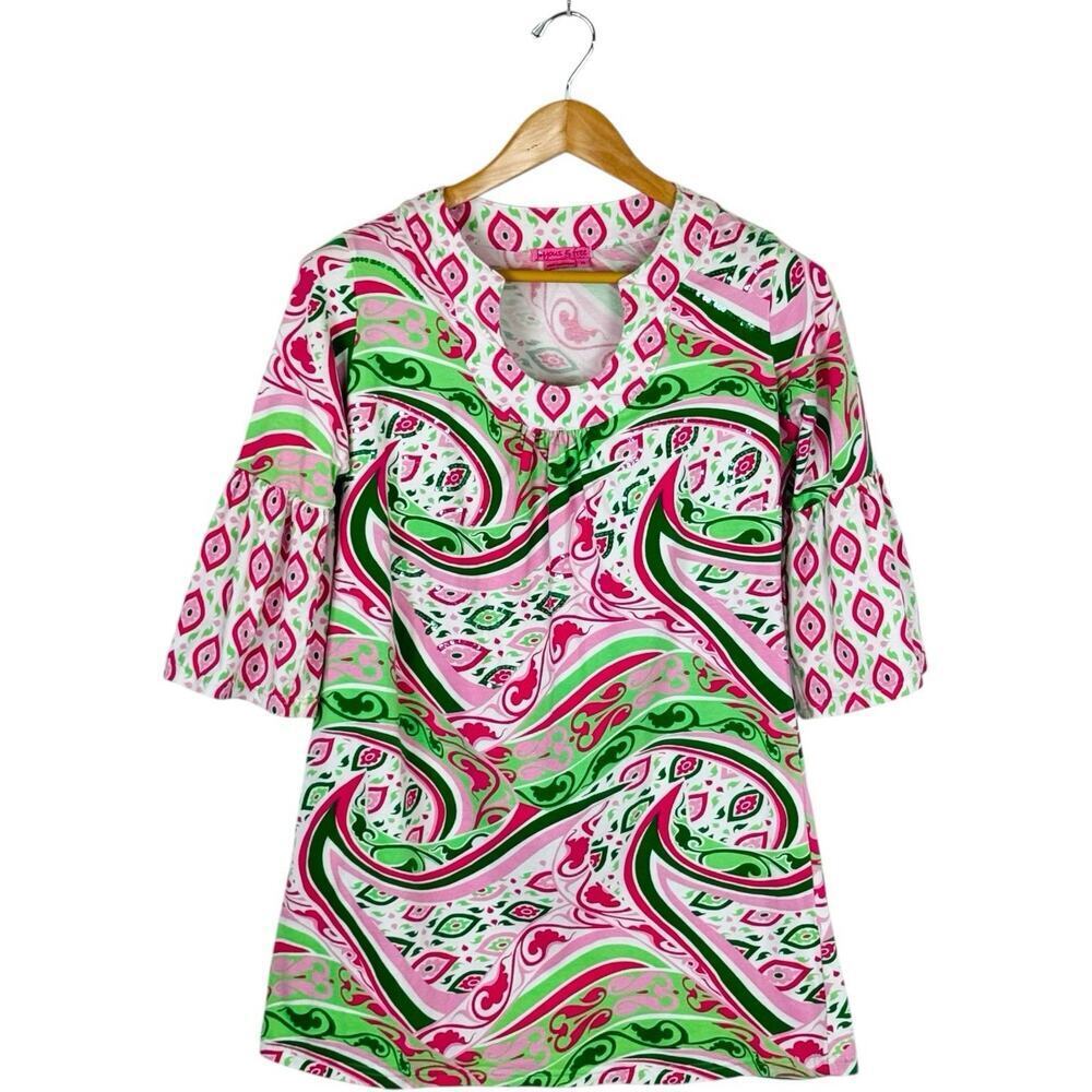 Joyous & Free Cotton Blend Floral 3/4 Sleeve Tunic Blouse Pink Green Women's M